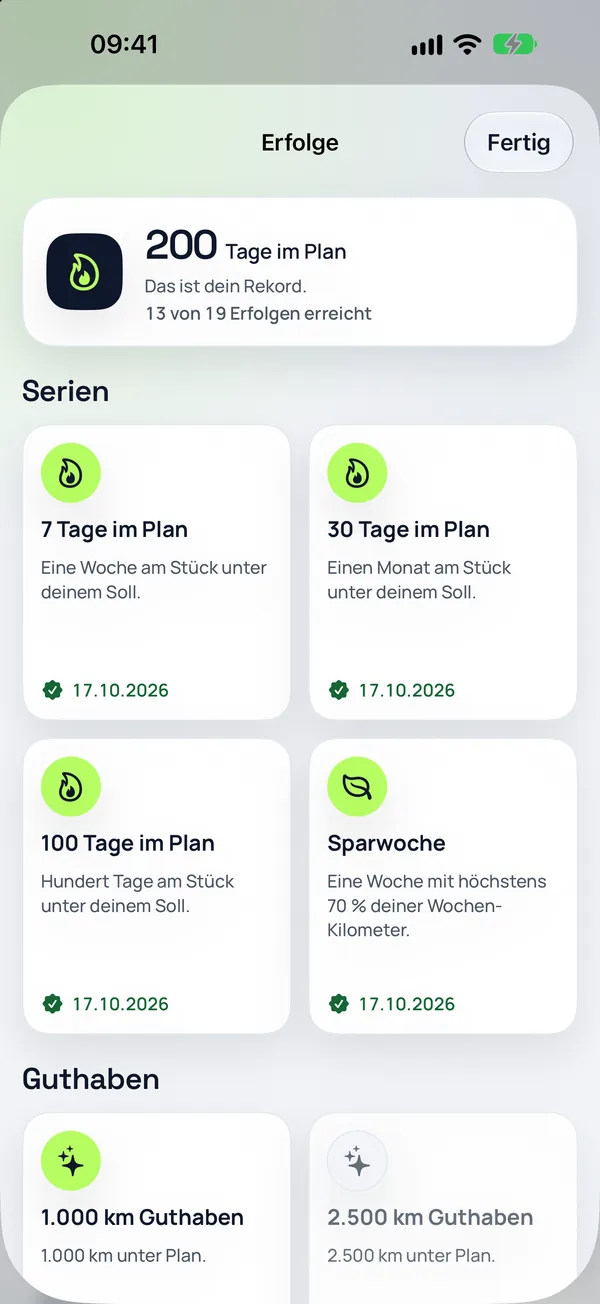 Erfolge in Leasr: 200 Tage im Plan, Serien und Guthaben