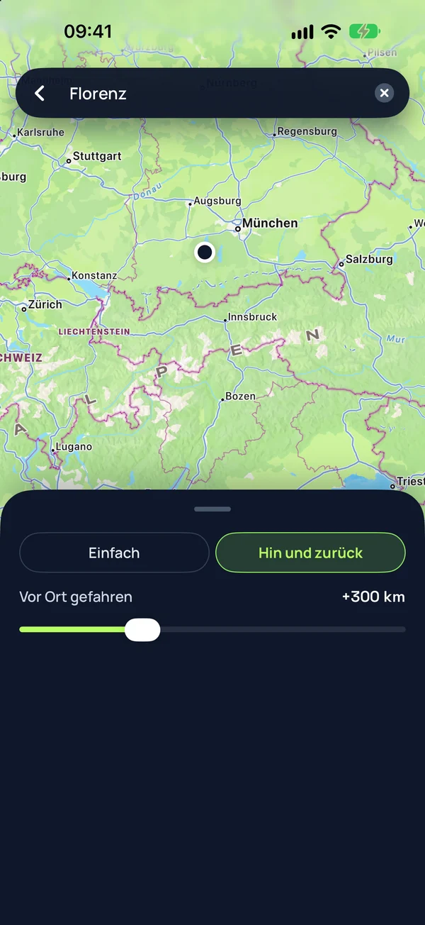 Planen in Leasr: Route von Raisting nach Florenz, 597 km, Ergebnis: Passt.